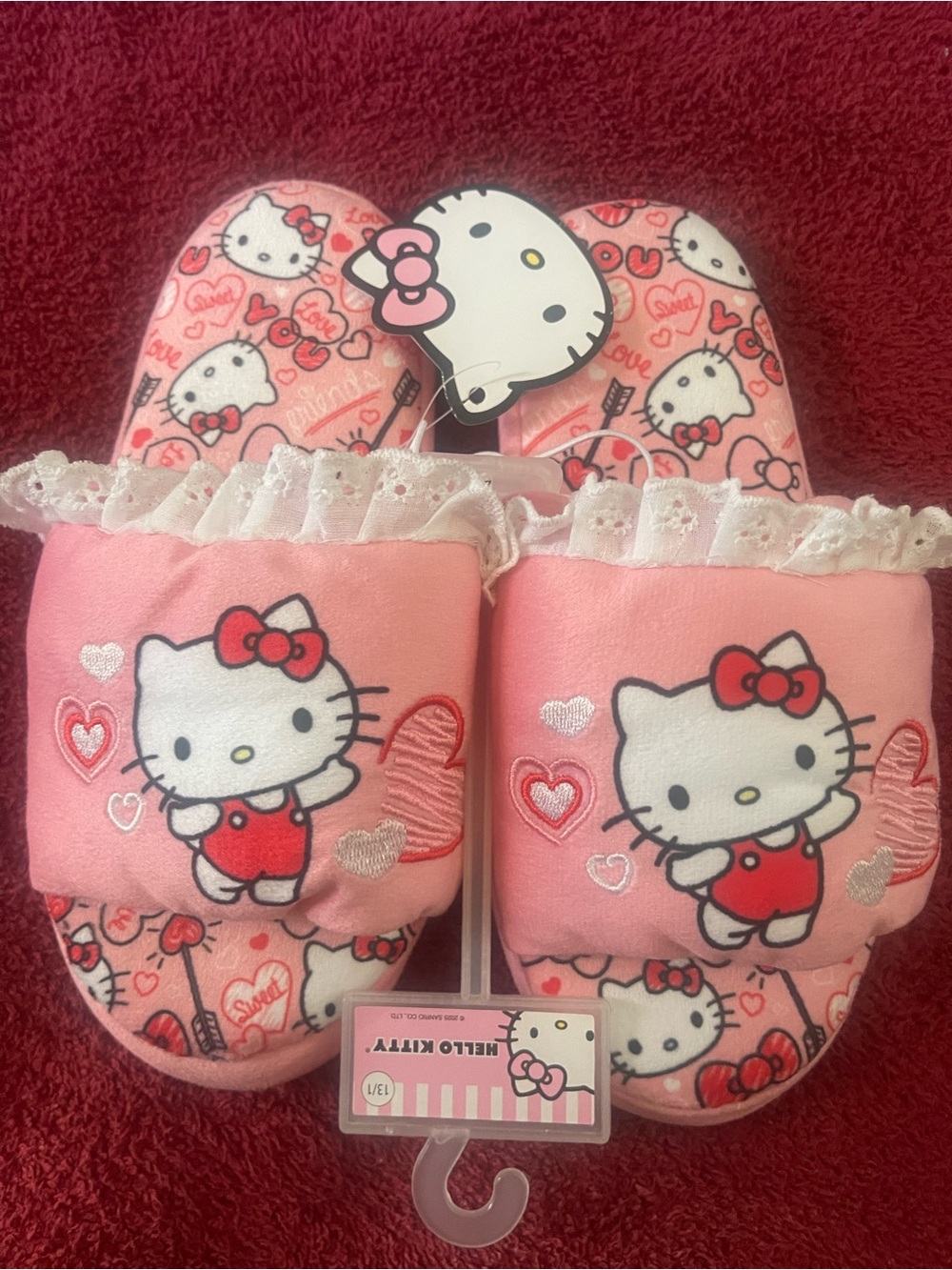 Hello Kitty Pink and Red Plush Indoor Slippers